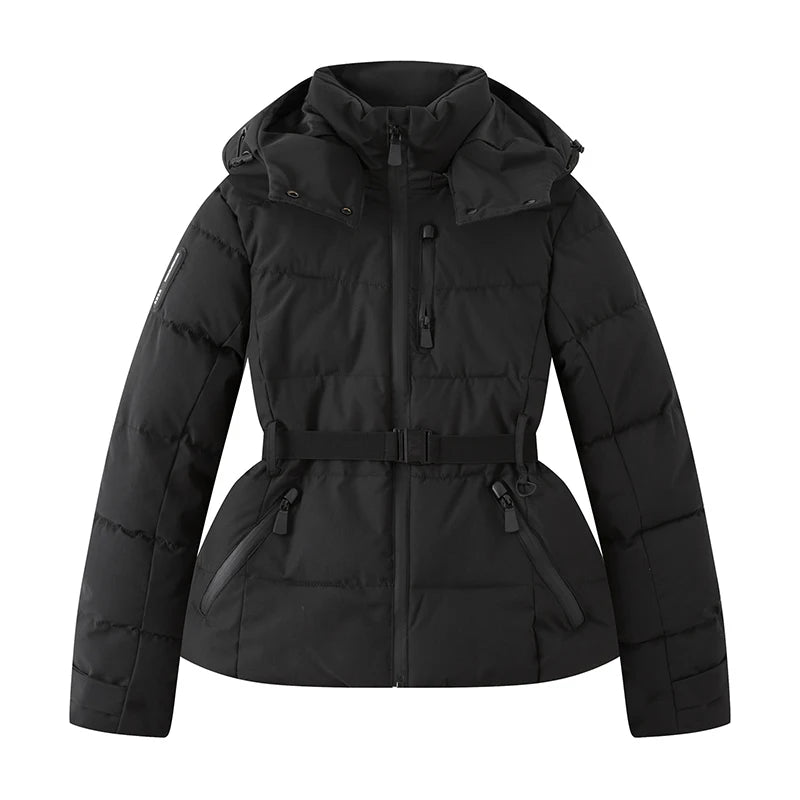 Women's Winter Hooded High Waist Padded Sport Parkas Coats with Belt