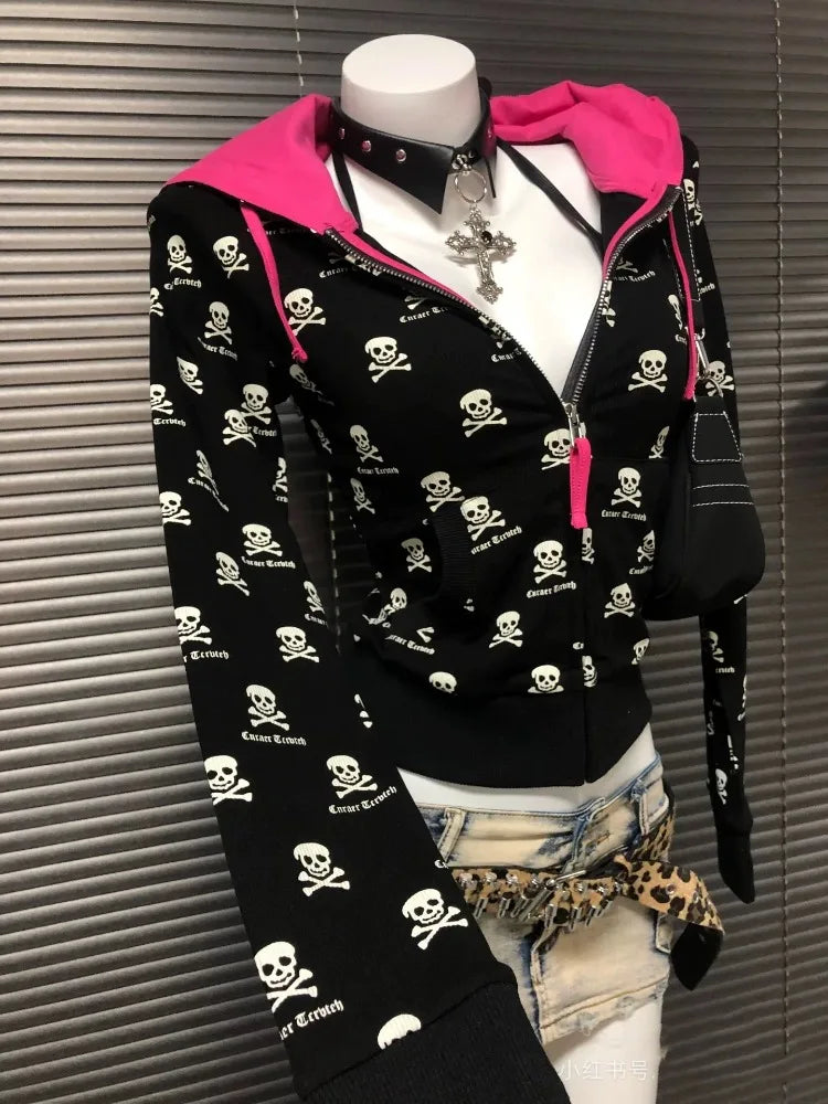 2000s Y2k Gothic Punk Skeleton Print Cardigan Contrast Hooded Jacket