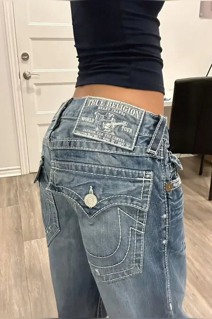 Retro Pocket Embroidery Blue Baggy Jeans