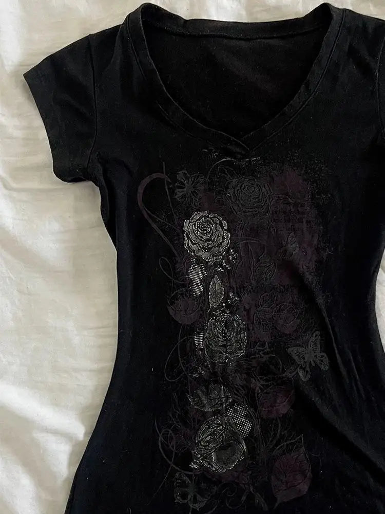 Y2k Aesthetic Flower Printing Women Grunge T-shirts Vintage Slim Harajuku Causal Black Tshirts 2025 Summer Bottoming Crop Tops