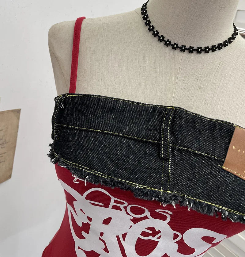 Women's Raw-edge Denim Stitching Spaghetti Strap Camisole Top