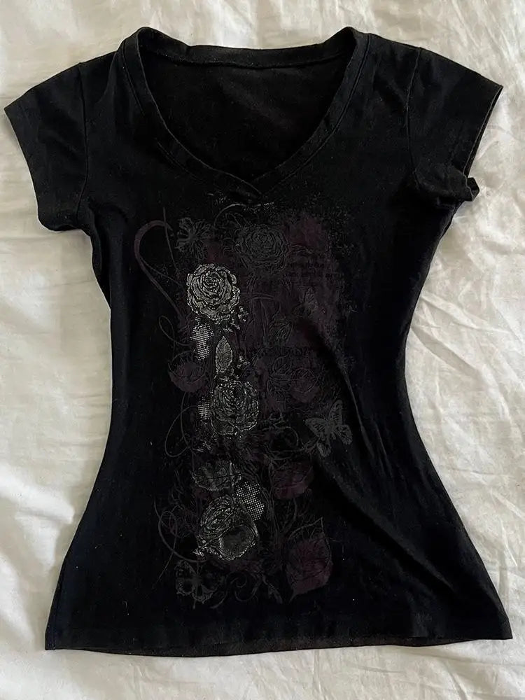 Y2k Aesthetic Flower Printing Women Grunge T-shirts Vintage Slim Harajuku Causal Black Tshirts 2025 Summer Bottoming Crop Tops