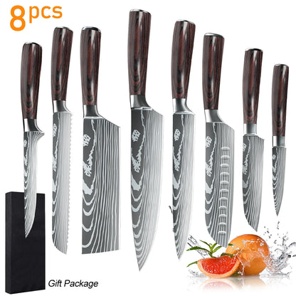 7CR17 8PCS Stainless Steel Sharp Damascus Pattern Sharp Chef Knives Set