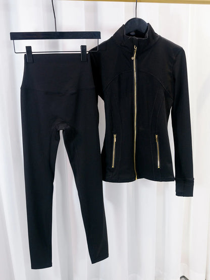 Women's Define Gold Zipper Cropped Jacket and Breathable Yoga Pants Set