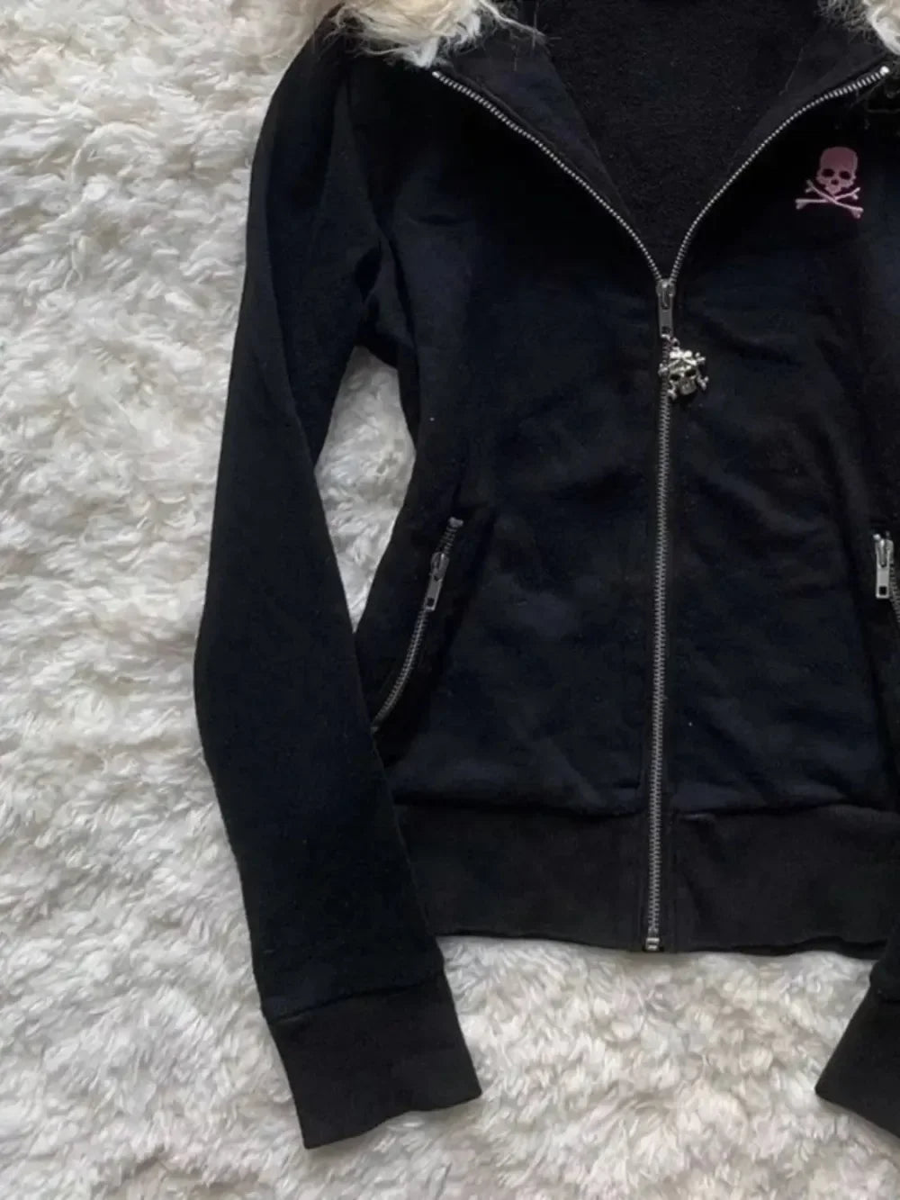 Y2K Black Fur Collar Zipper Sweatshirt Hoodie