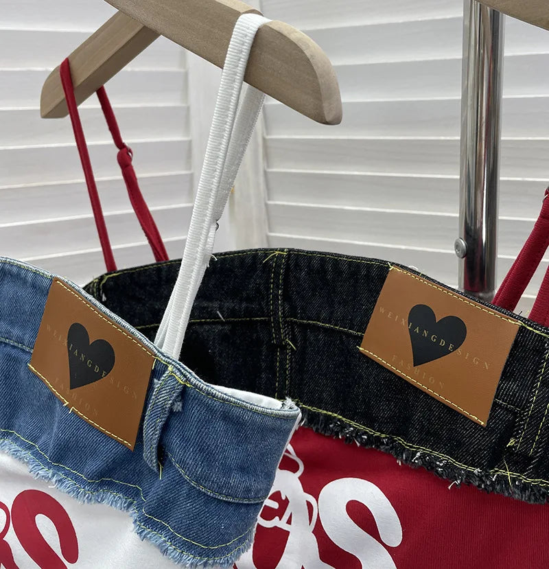 Women's Raw-edge Denim Stitching Spaghetti Strap Camisole Top