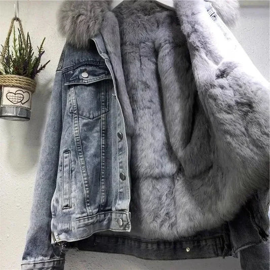 Women's Big Fur Collar Winter Denim Jacket