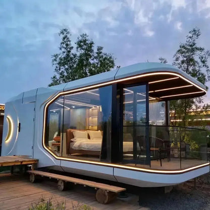 Space capsule room with kitchen and wheels