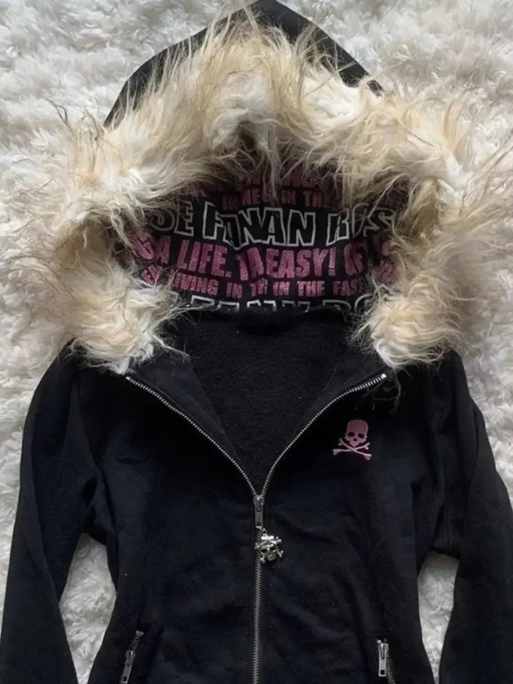 Y2K Black Fur Collar Zipper Sweatshirt Hoodie