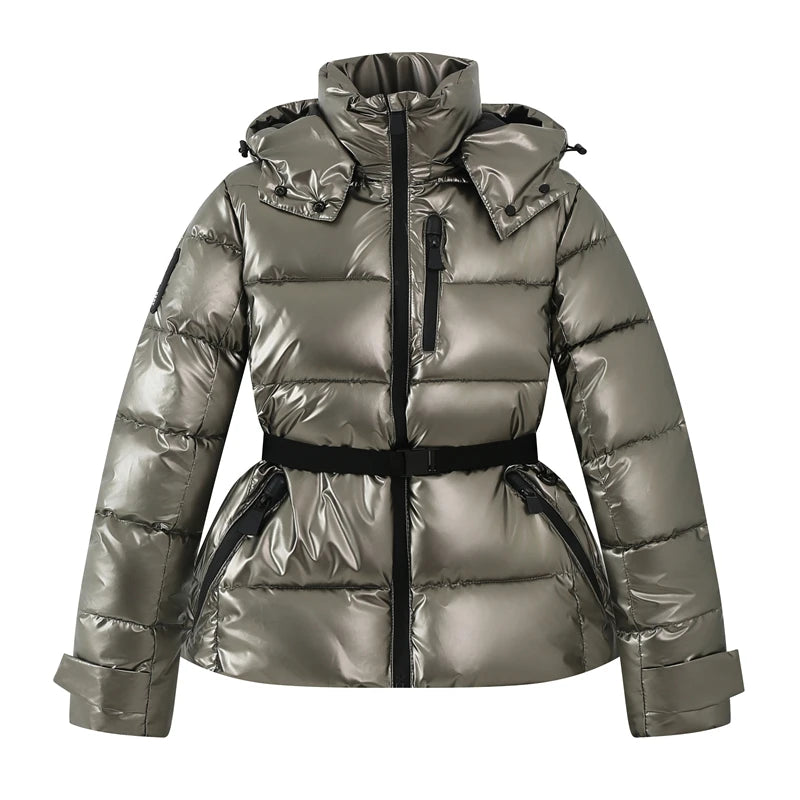 Women's Winter Hooded High Waist Padded Sport Parkas Coats with Belt