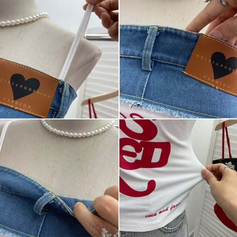 Women's Raw-edge Denim Stitching Spaghetti Strap Camisole Top