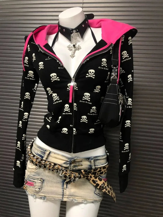 2000s Y2k Gothic Punk Skeleton Print Cardigan Contrast Hooded Sweatshirt