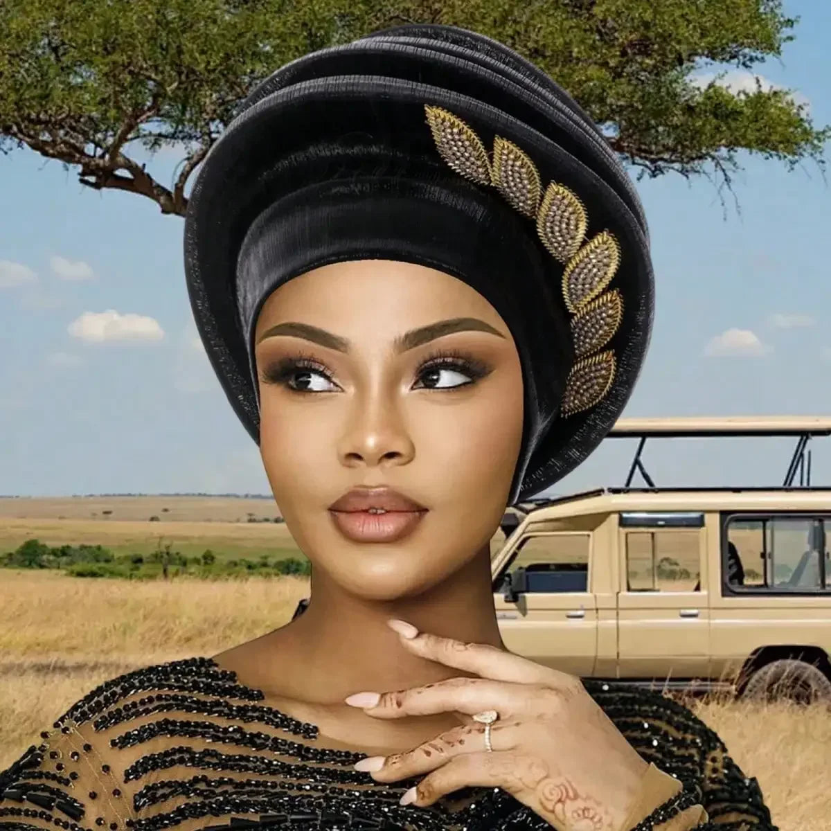 Pleated Leaf Turban Hat, Elegant Chiffon Head Wrap