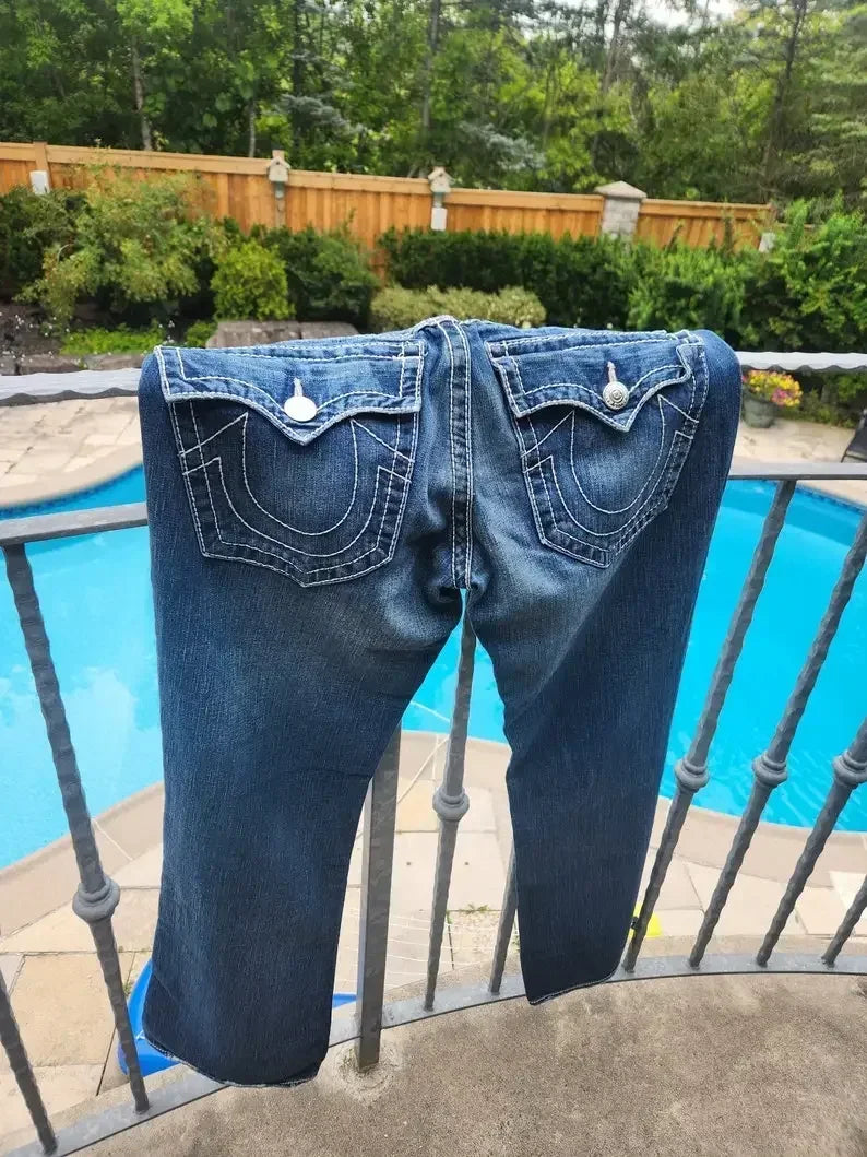 Retro Pocket Embroidery Blue Baggy Jeans