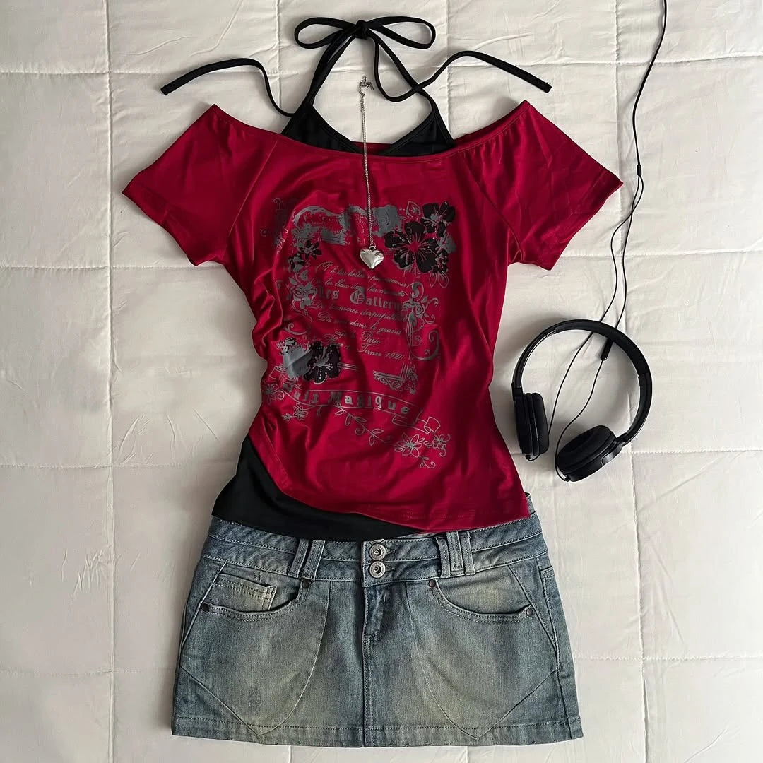 Y2K millennium crop top women's short sleeved vest sweet and sexy casual anime print Harajuku deep red full set Emo style