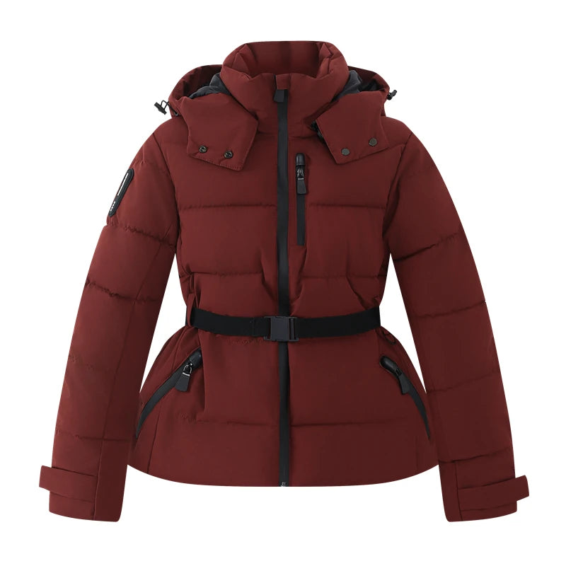 Women's Winter Hooded High Waist Padded Sport Parkas Coats with Belt