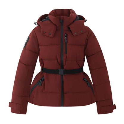 Women's Winter Hooded High Waist Padded Sport Parkas Coats with Belt