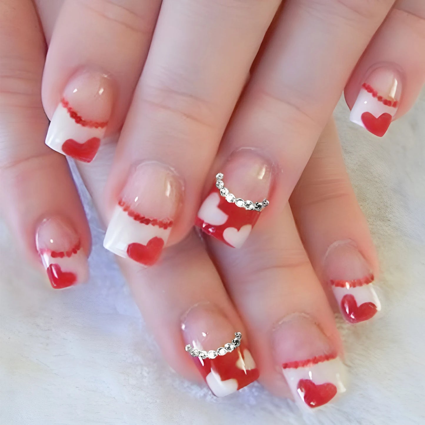 Y2K Girls Black French Press On Nails Pink Love Heart/Dot