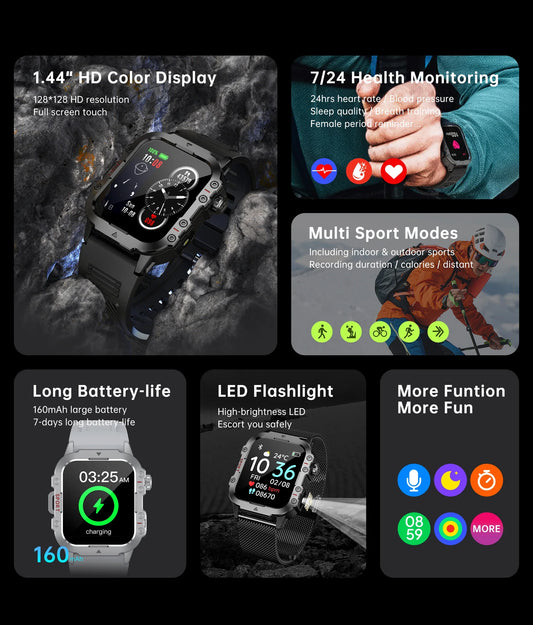 Men’s Military-Style Smart Watch | Bluetooth Call | Fitness & Activity Tracker | 1.44” Touch Screen | 3ATM Life Waterproof | Android & iOS