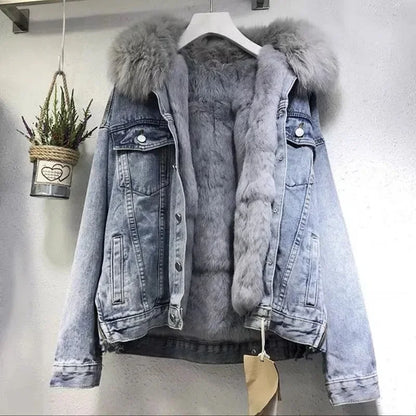Women's Big Fur Collar Winter Denim Jacket