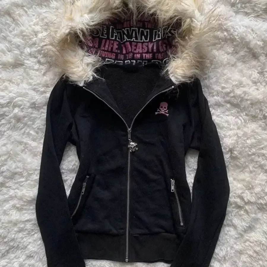 Y2K Black Fur Collar Zipper Sweatshirt Hoodie