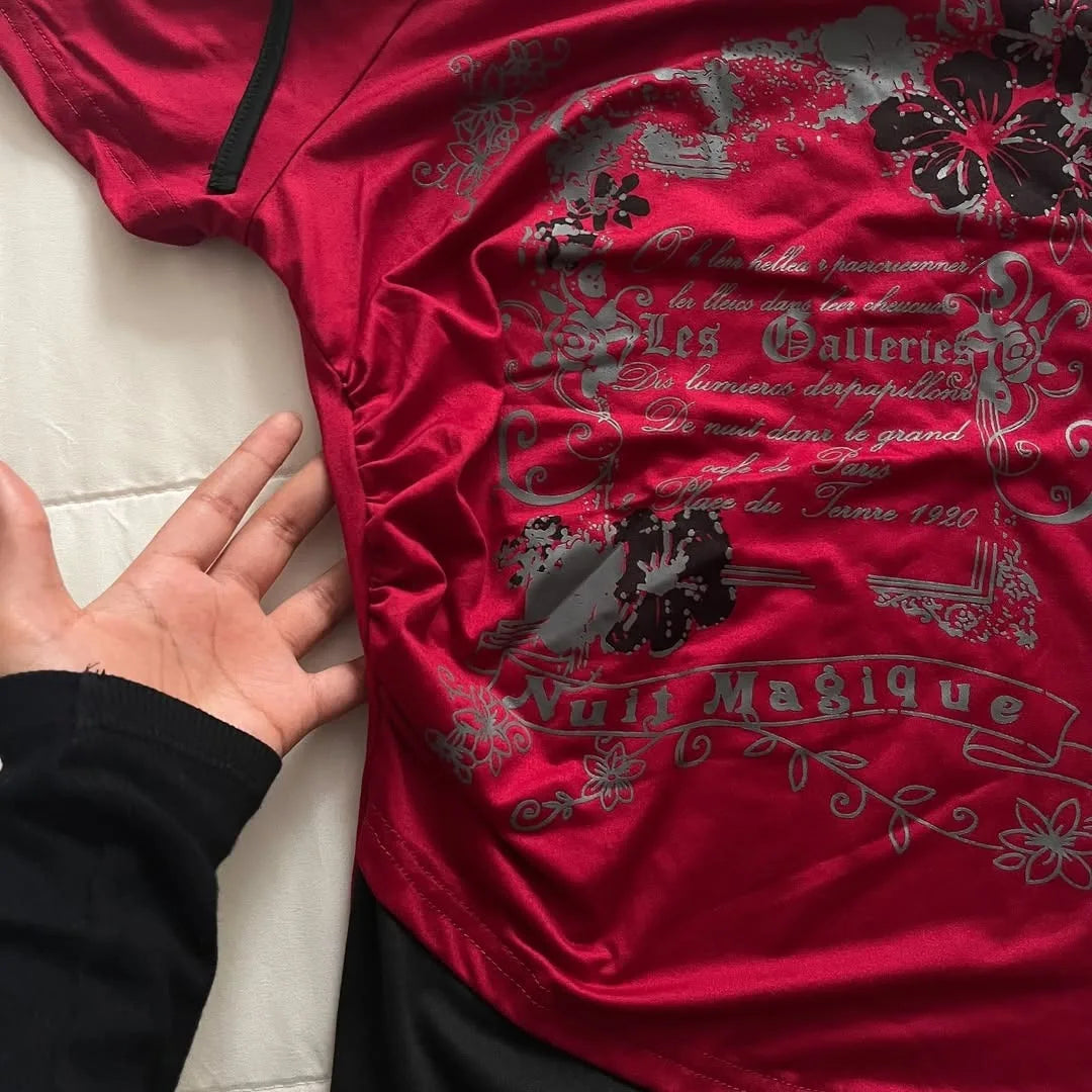 Y2K millennium crop top women's short sleeved vest sweet and sexy casual anime print Harajuku deep red full set Emo style