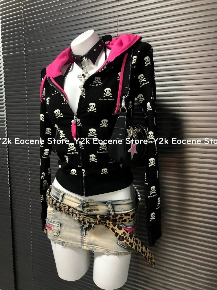 2000s Y2k Gothic Punk Skeleton Print Cardigan Contrast Hooded Jacket