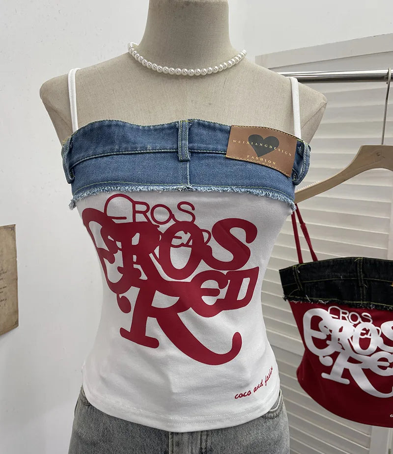 Women's Raw-edge Denim Stitching Spaghetti Strap Camisole Top