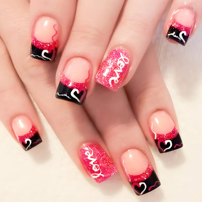 Y2K Girls Black French Press On Nails Pink Love Heart/Dot
