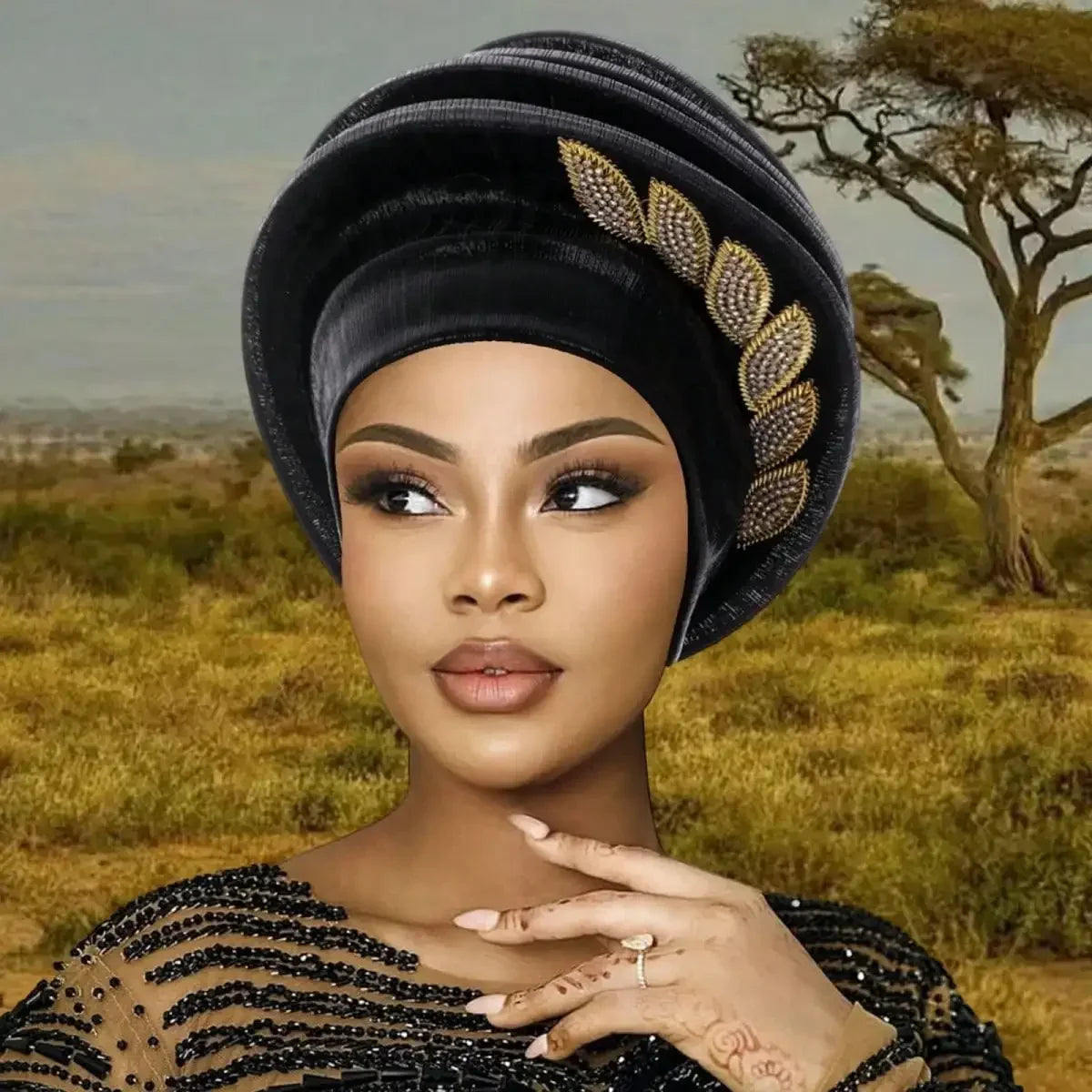 Pleated Leaf Turban Hat, Elegant Chiffon Head Wrap