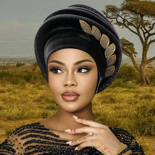 Pleated Leaf Turban Hat, Elegant Chiffon Head Wrap