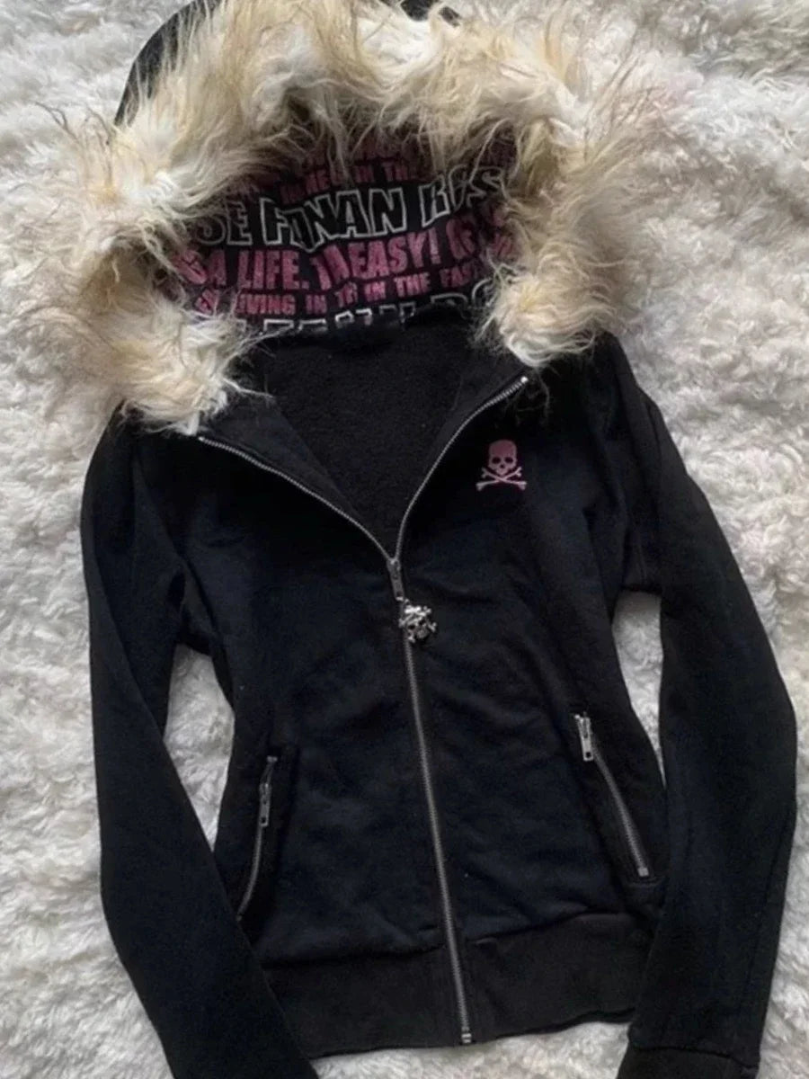 Y2K Black Fur Collar Zipper Sweatshirt Hoodie