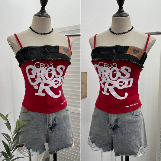 Women's Raw-edge Denim Stitching Spaghetti Strap Camisole Top