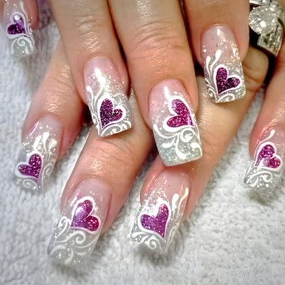 Y2K Girls Black French Press On Nails Pink Love Heart/Dot