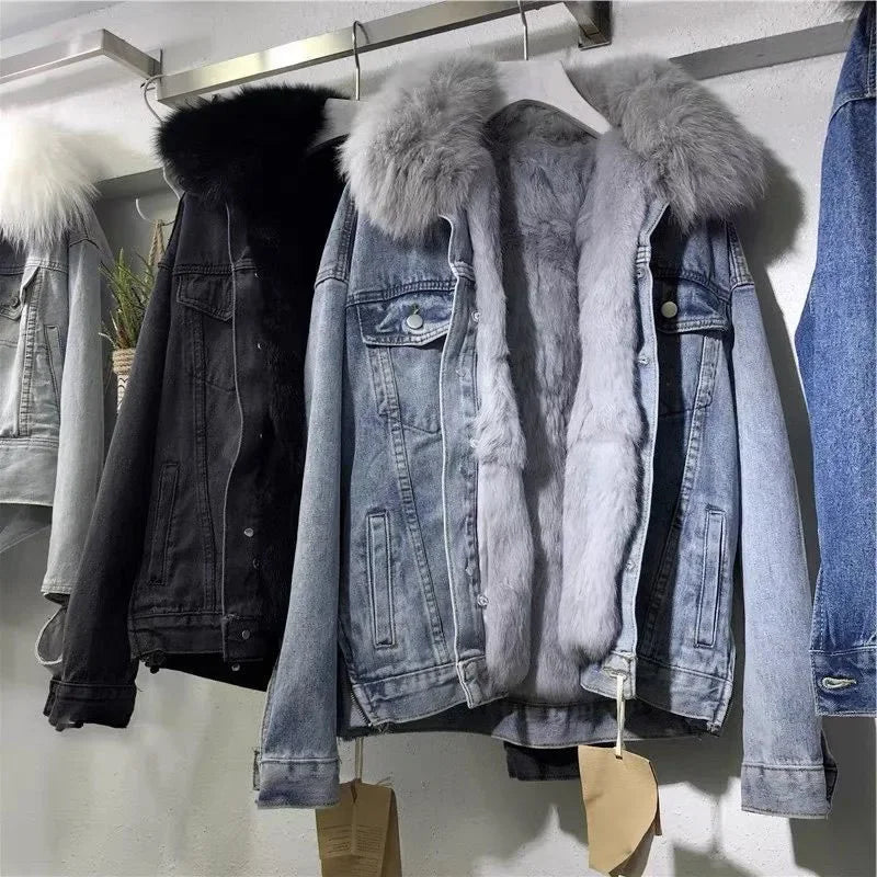 Women's Big Fur Collar Winter Denim Jacket