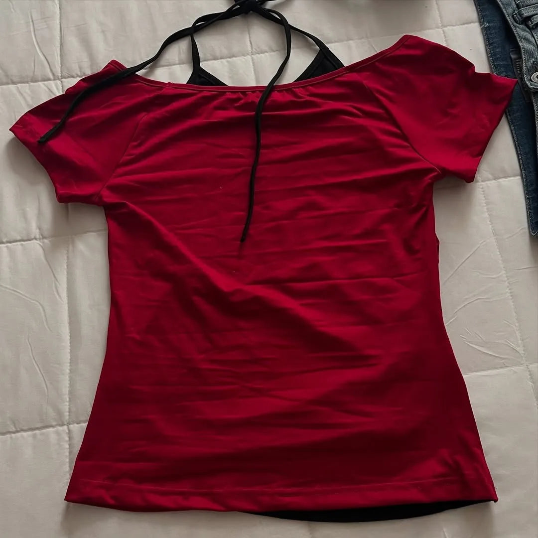 Y2K millennium crop top women's short sleeved vest sweet and sexy casual anime print Harajuku deep red full set Emo style
