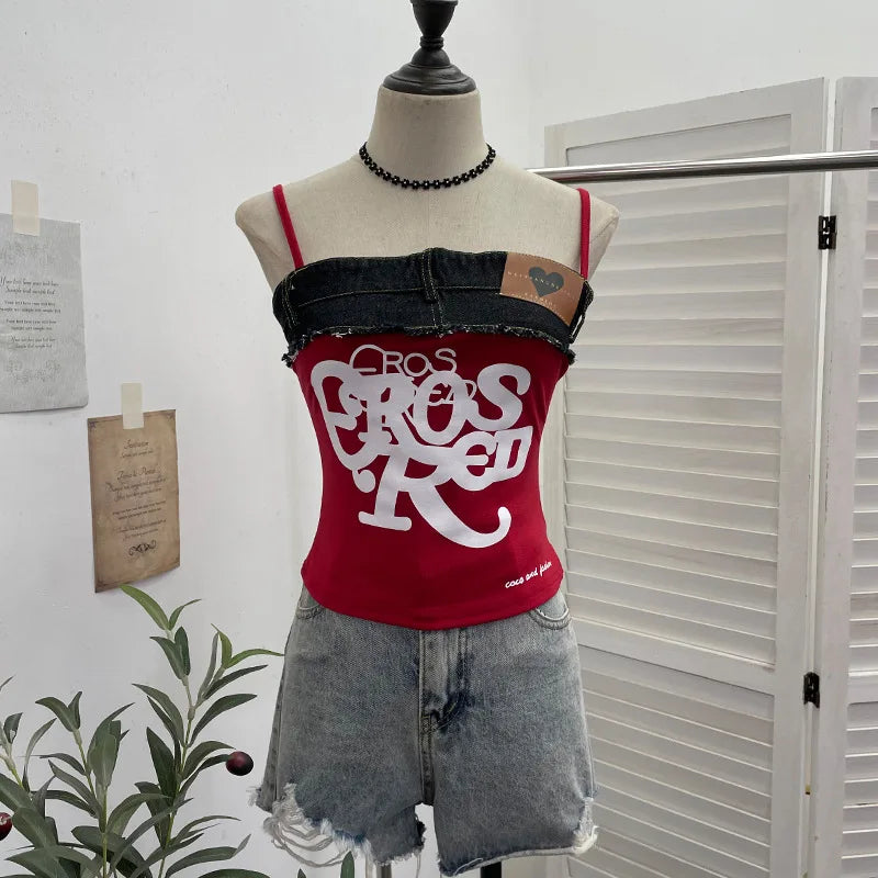 Women's Raw-edge Denim Stitching Spaghetti Strap Camisole Top
