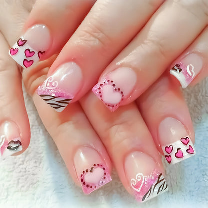 Y2K Girls Black French Press On Nails Pink Love Heart/Dot