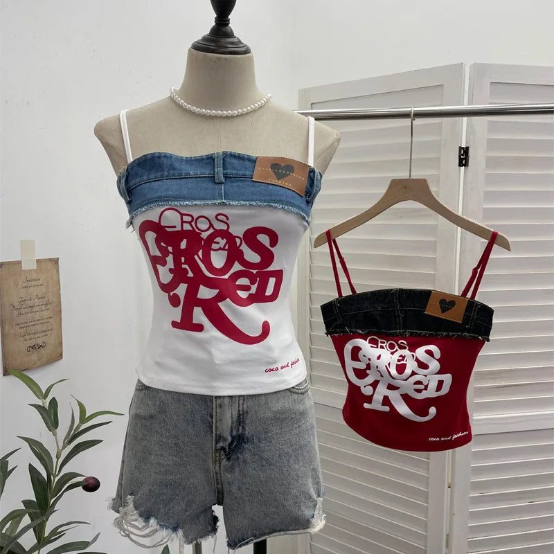 Women's Raw-edge Denim Stitching Spaghetti Strap Camisole Top