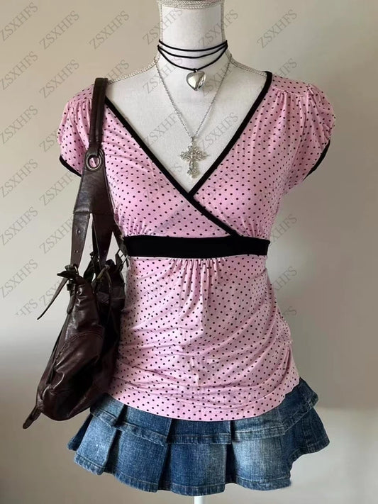 2000's Women's Pink Vintage Polka Dot Femme Tee