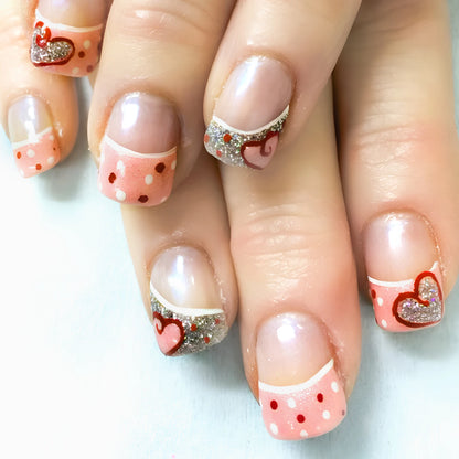 Y2K Girls Black French Press On Nails Pink Love Heart/Dot