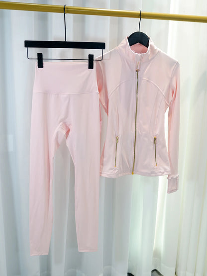Women's Define Gold Zipper Cropped Jacket and Breathable Yoga Pants Set