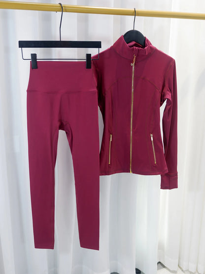 Women's Define Gold Zipper Cropped Jacket and Breathable Yoga Pants Set