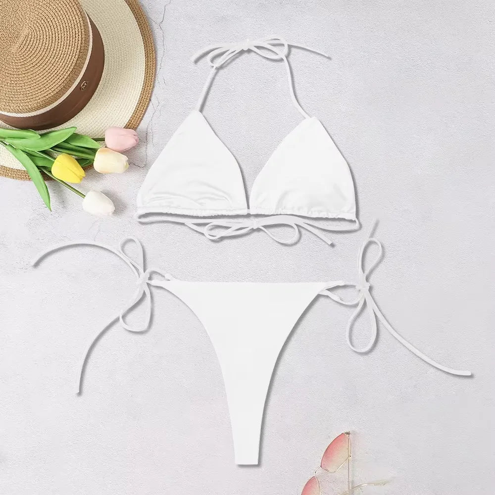 Women's Solid-Color Halter Three-point  Backless Adjustable Bikini