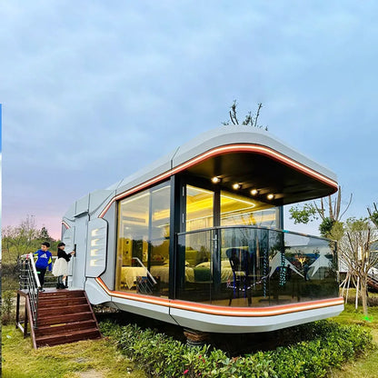Space capsule room with kitchen and wheels