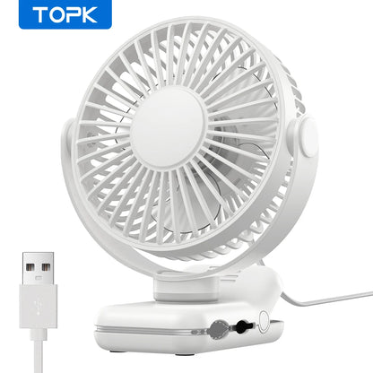 TOPK USB Clip on Desk Fan Brushless Motor Powerful Airflow Sturdy Clamp Ultra Quiet Portable Mini Personal Fan Office Bedroom