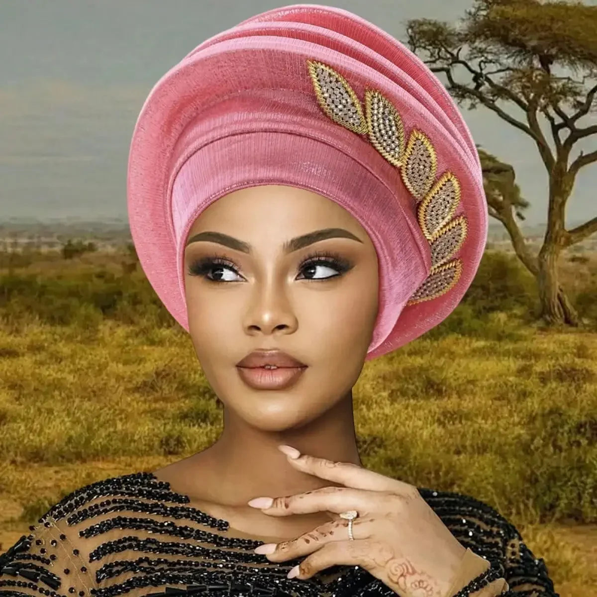 Pleated Leaf Turban Hat, Elegant Chiffon Head Wrap