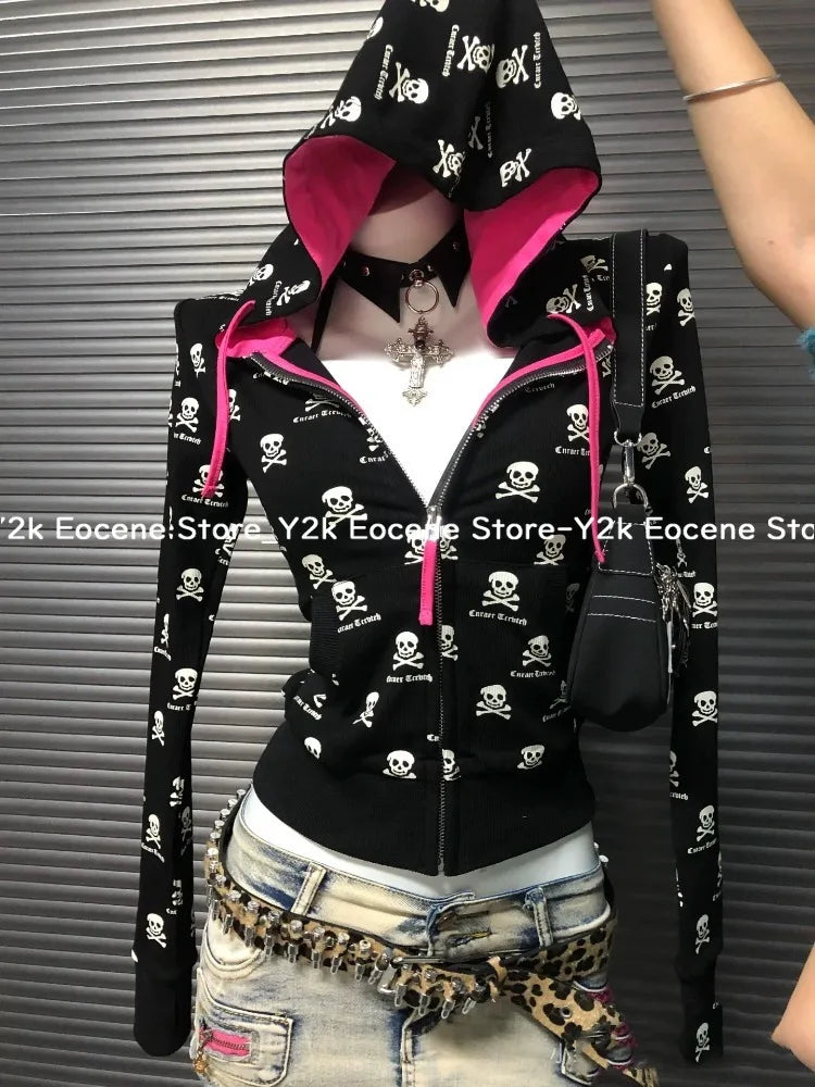 2000s Y2k Gothic Punk Skeleton Print Cardigan Contrast Hooded Jacket