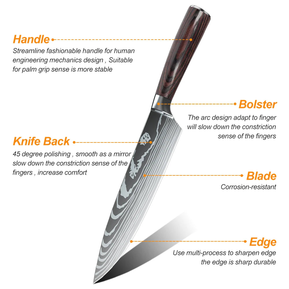 7CR17 8PCS Stainless Steel Sharp Damascus Pattern Sharp Chef Knives Set