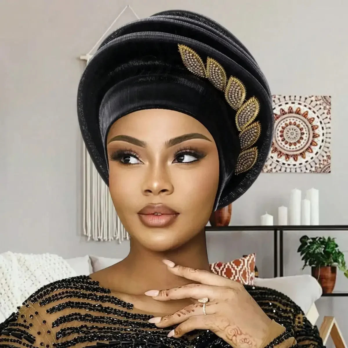 Pleated Leaf Turban Hat, Elegant Chiffon Head Wrap